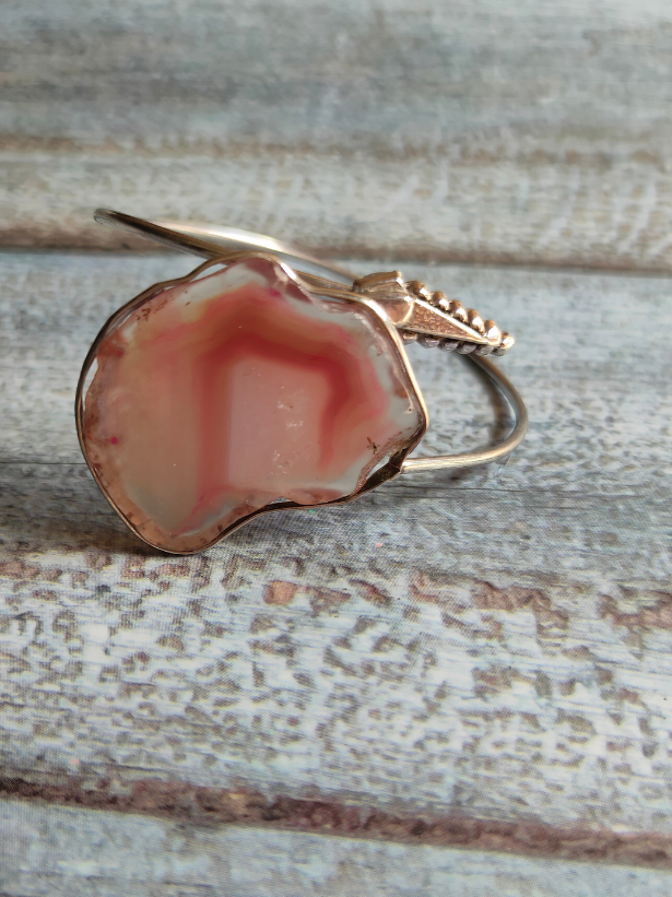 Pink Natural Stone Silver Adjustable Bracelet