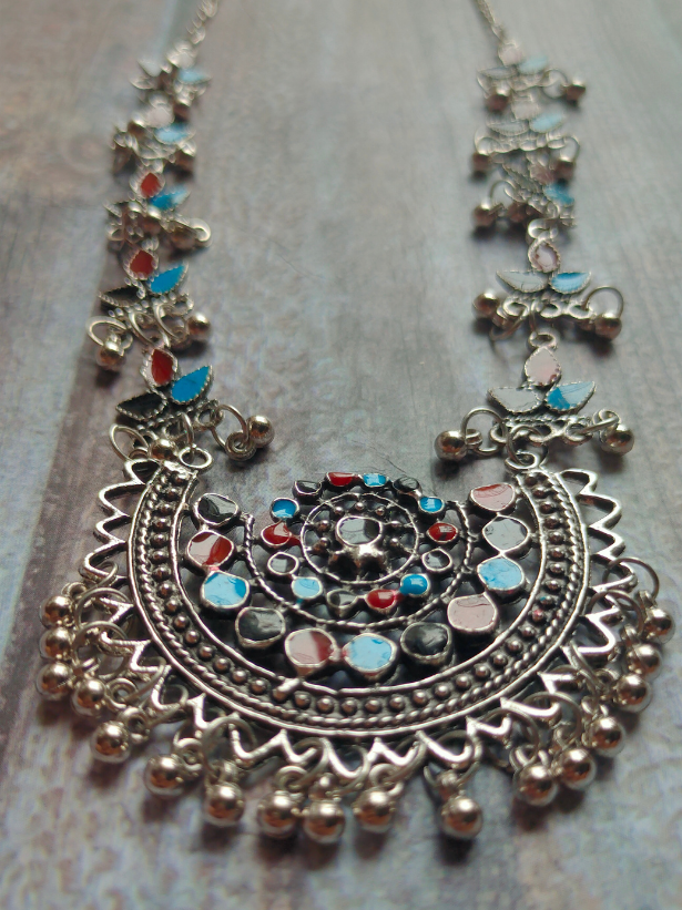 Traditional Afghani Necklace with Multi-Color Enamel Work and Stones