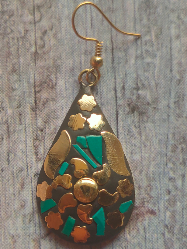 Black and Turquoise Tibetan Drop Earrings with Gold Detailing