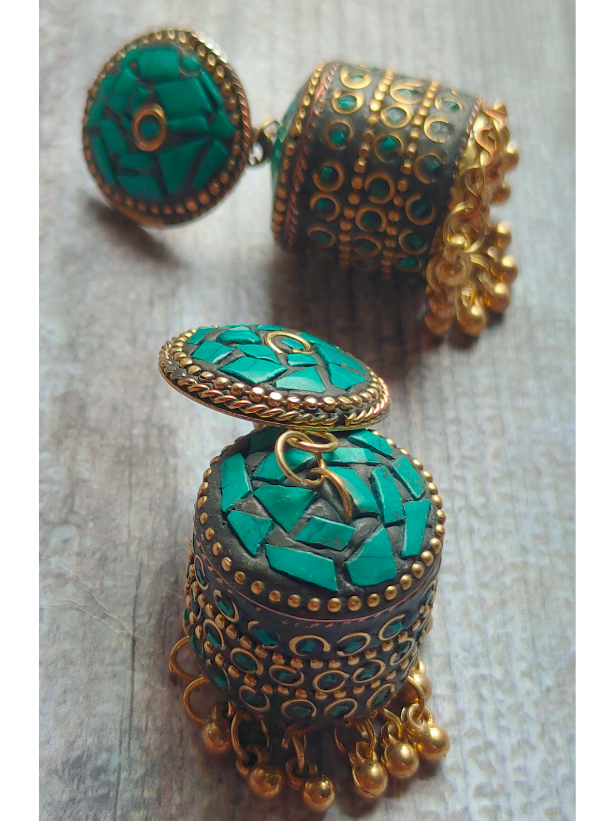 Turquoise and Black Tibetan Earrings with Metal Beads and Gold Detailing