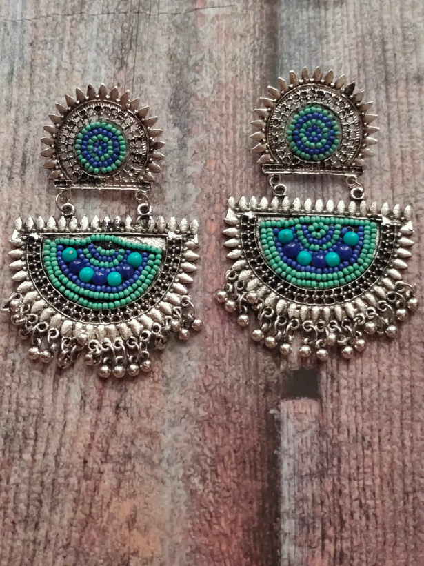 Blue Beaded Metal Earrings