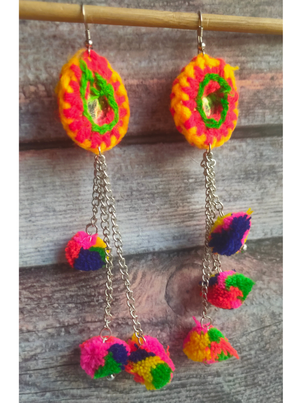 Hand Embroidered Mirror Work Earrings with Pom Pom Strands