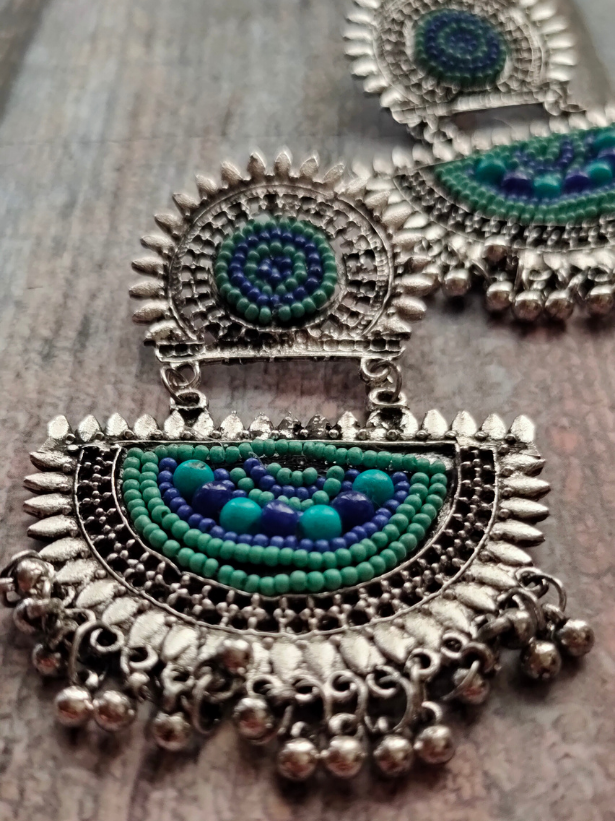 Blue Beaded Metal Earrings