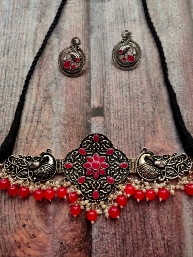 Oxidised Silver Choker Necklace Set with Rhinestones and Red Beads