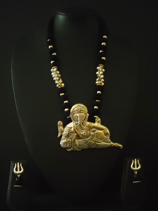 Statement Ganesha Necklace with Black Fabric Beads