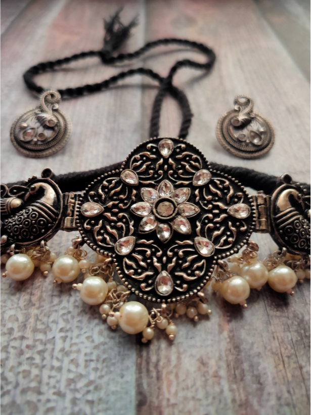 Oxidised Silver Choker Necklace Set with Rhinestones and Peacock Detailing