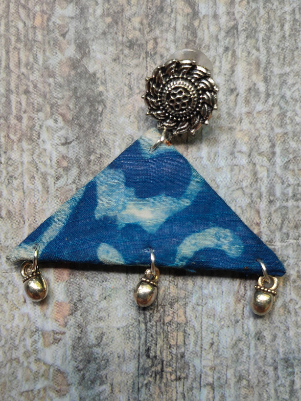 Indigo Fabric Earrings with Metal Charms