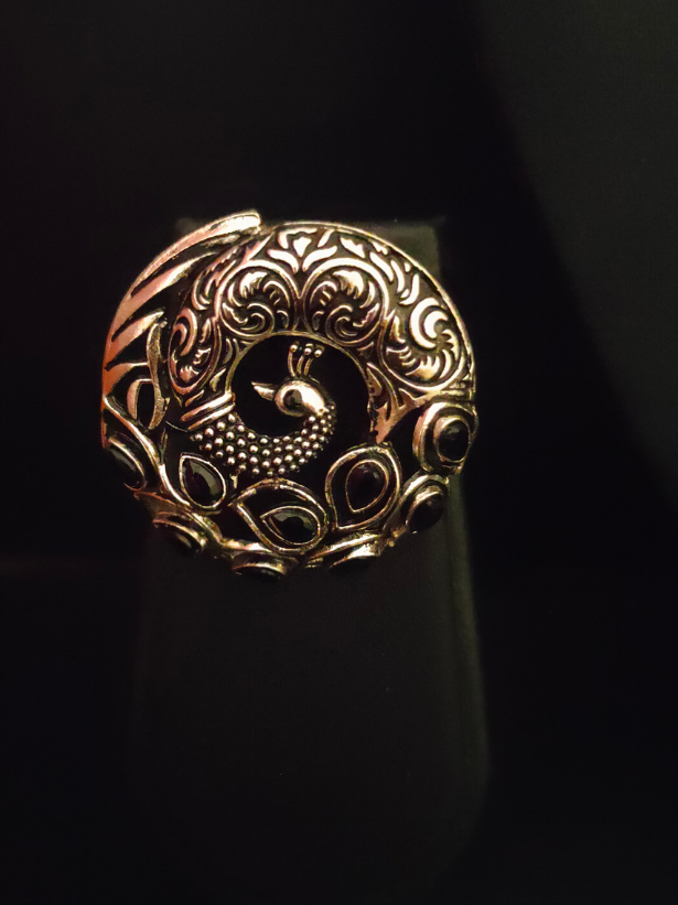 Set of 3 - Peacock Earrings and Ring with Black Stones