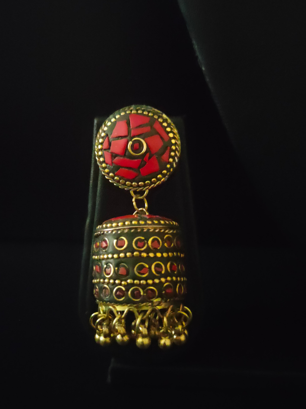 Red and Black Tibetan Earrings with Metal Beads and Gold Detailing