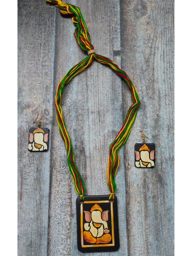 Hand Painted Ganesha Clay Necklace Set with Multi-Color Thread Closure