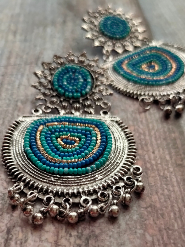 Blue Beaded Round Metal Earrings