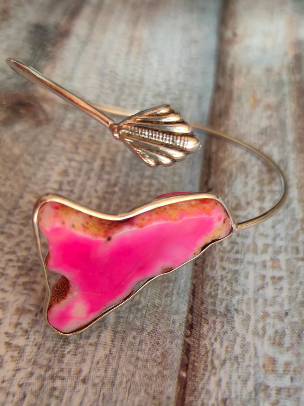 Fuchsia Natural Stone Silver Adjustable Bracelet