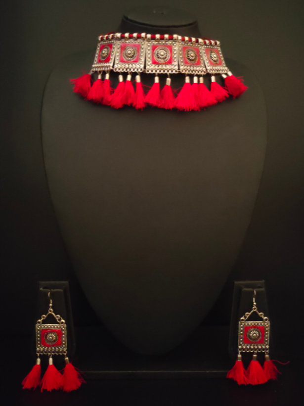 Oxidised Silver Choker Necklace Set with Red Thread Work