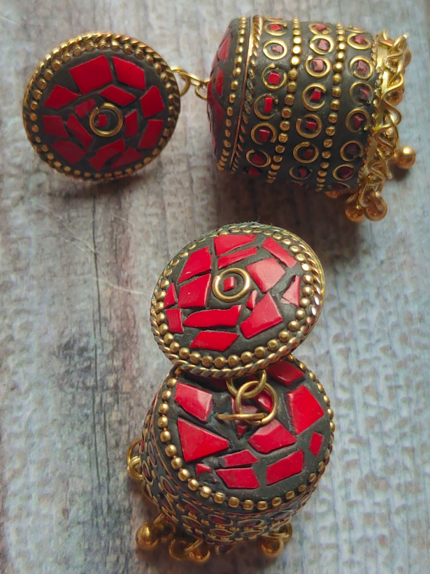 Red and Black Tibetan Earrings with Metal Beads and Gold Detailing