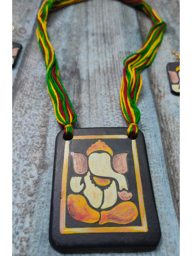 Hand Painted Ganesha Clay Necklace Set with Multi-Color Thread Closure
