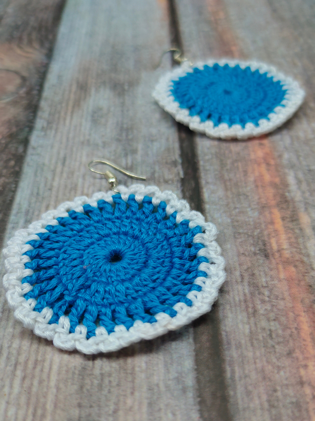 Blue and White Round Hand Knitted Crochet Earrings