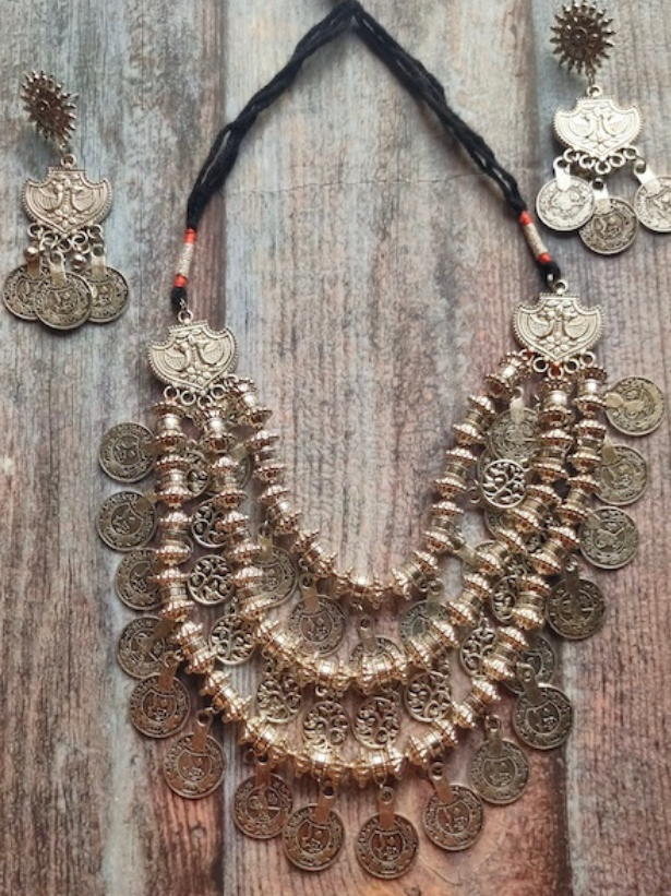 3 Layer Metal and Stamped Coins Necklace Set