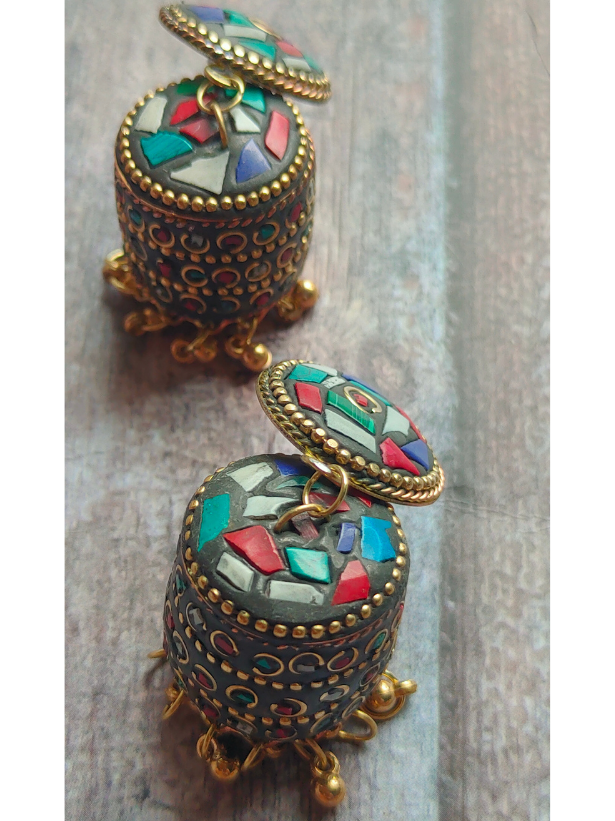 Muti-Color Tibetan Earrings with Metal Beads and Gold Detailing
