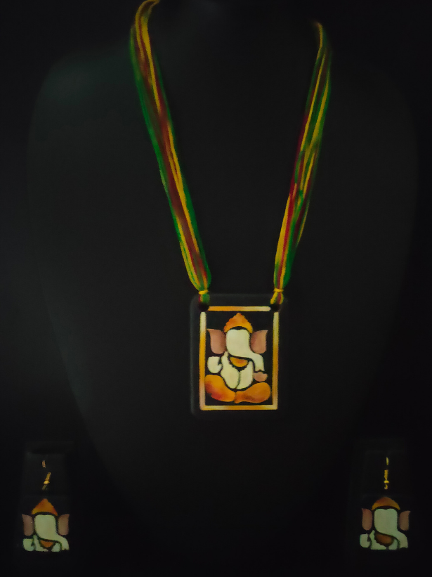 Hand Painted Ganesha Clay Necklace Set with Multi-Color Thread Closure
