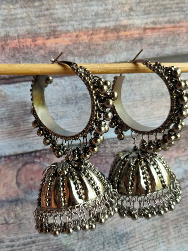 Oxidised Silver Hoop Jhumkas with Metal Beads