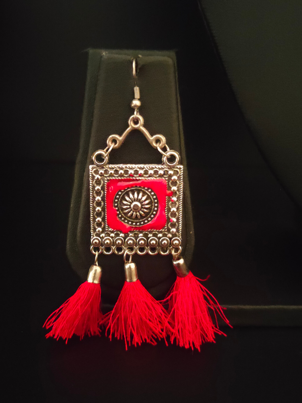 Oxidised Silver Choker Necklace Set with Red Thread Work