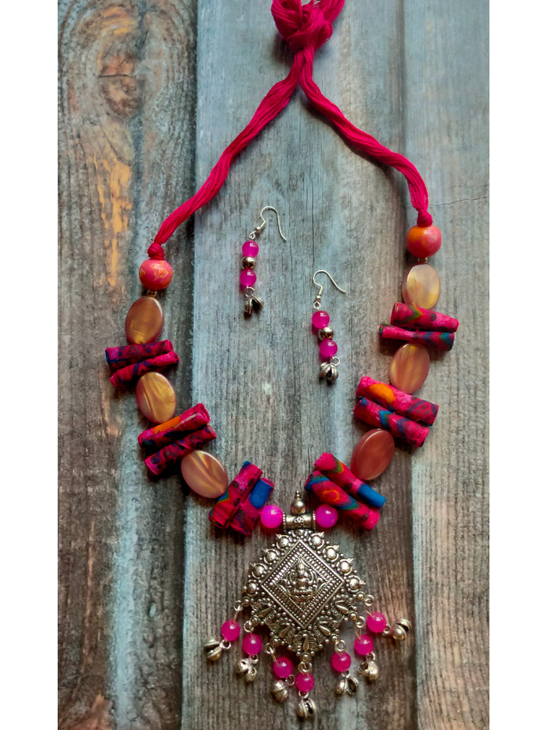 Statement Necklace Set with Tibetan Stones, Fabric and Ghungroos