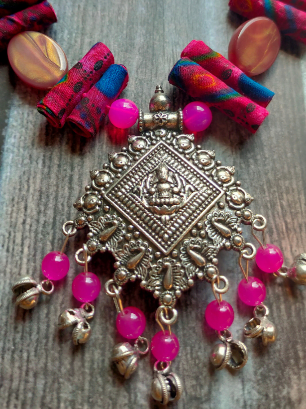 Statement Necklace Set with Tibetan Stones, Fabric and Ghungroos