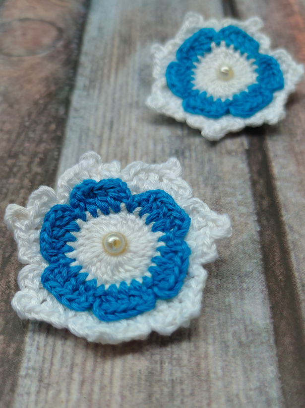 Blue and White Flower Shaped Hand Knitted Crochet Earrings