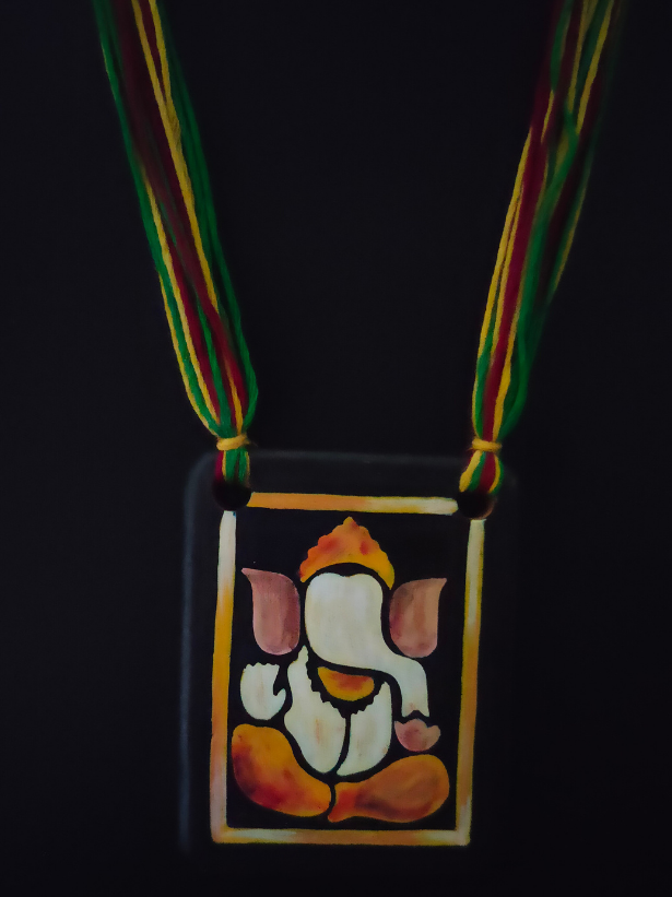 Hand Painted Ganesha Clay Necklace Set with Multi-Color Thread Closure