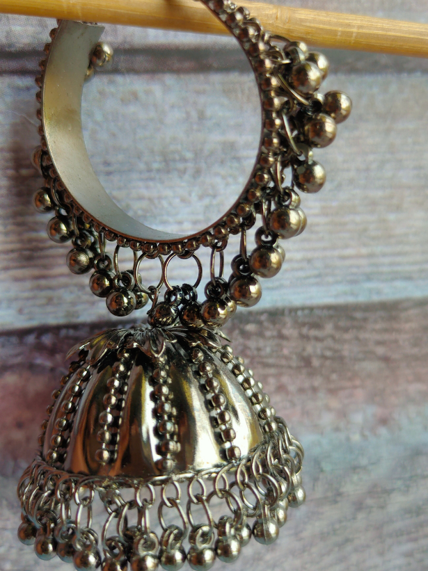Oxidised Silver Hoop Jhumkas with Metal Beads