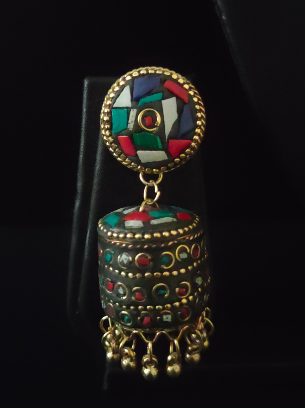 Muti-Color Tibetan Earrings with Metal Beads and Gold Detailing