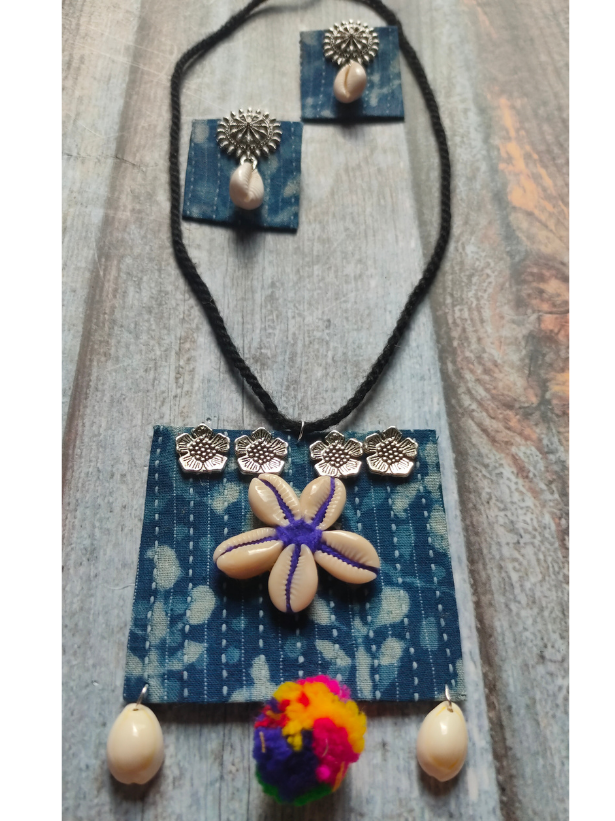 Kantha Work Indigo Fabric Necklace Set with Pompom and Shells