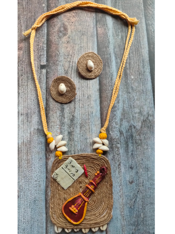 Handcrafted Sitar Motif Jute Necklace Set with Shell Work