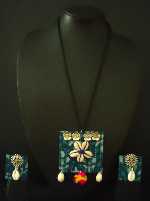 Kantha Work Indigo Fabric Necklace Set with Pompom and Shells