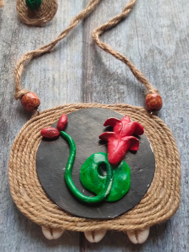 Handcrafted Terracotta Flower Motif Jute Necklace Set with Shell Work