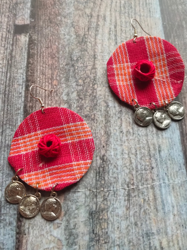 Statement Pendant Fabric Necklace Set with Stamped Coins