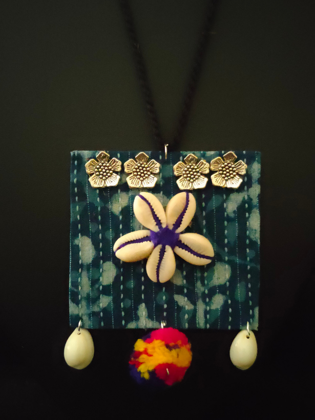 Kantha Work Indigo Fabric Necklace Set with Pompom and Shells