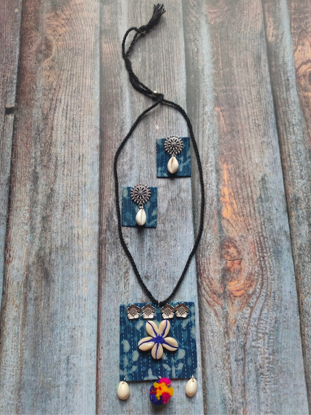 Kantha Work Indigo Fabric Necklace Set with Pompom and Shells