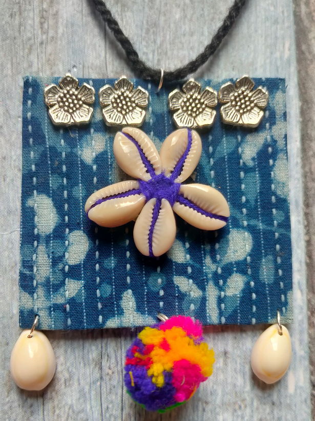 Kantha Work Indigo Fabric Necklace Set with Pompom and Shells