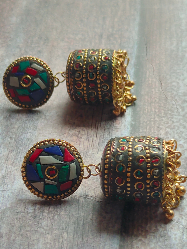 Muti-Color Tibetan Earrings with Metal Beads and Gold Detailing