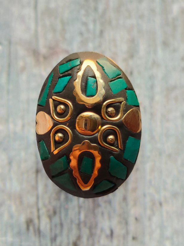 Black and Turquoise Tibetan Ring with Gold Detailing