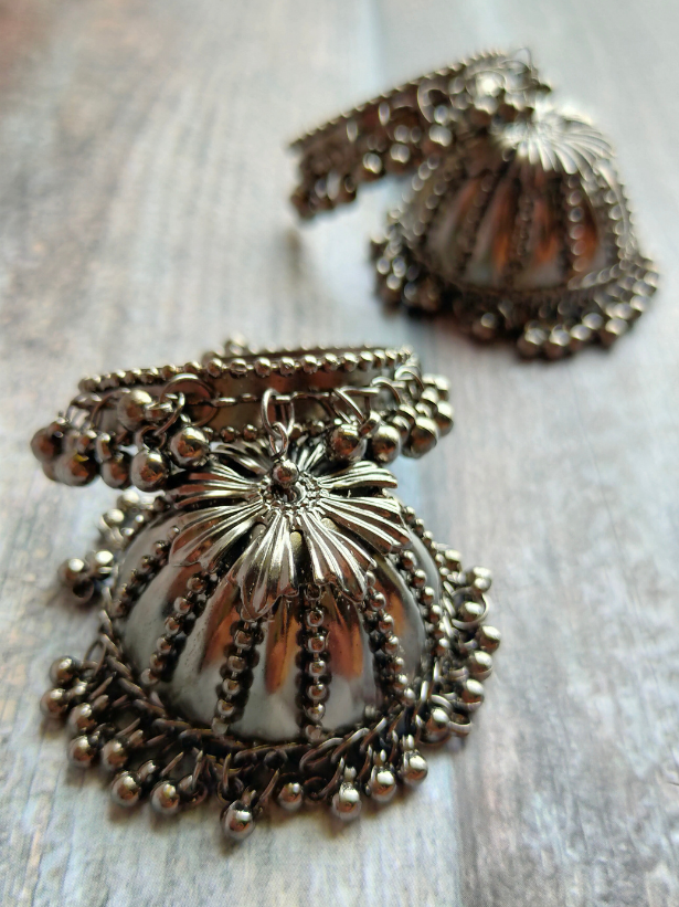 Oxidised Silver Hoop Jhumkas with Metal Beads