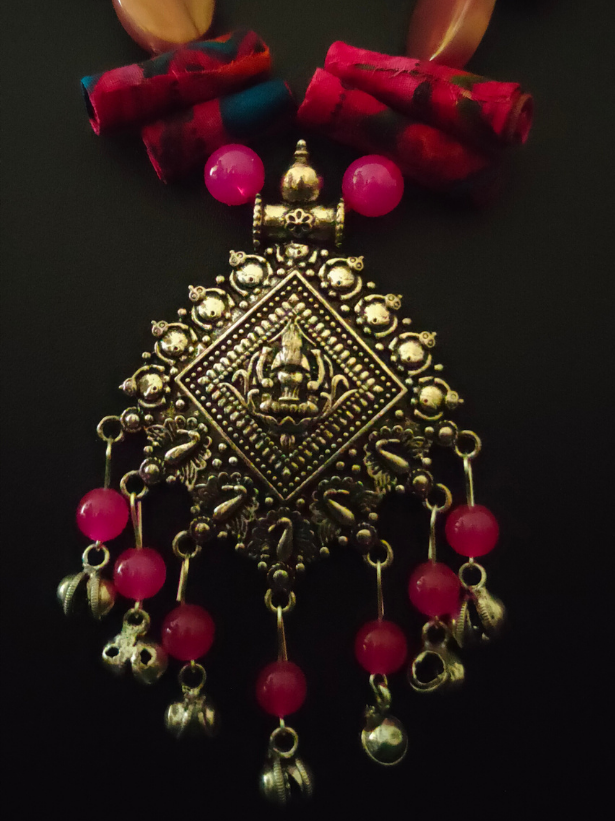 Statement Necklace Set with Tibetan Stones, Fabric and Ghungroos