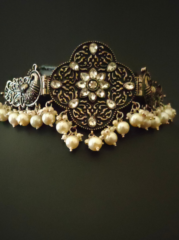 Oxidised Silver Choker Necklace Set with Rhinestones and Peacock Detailing