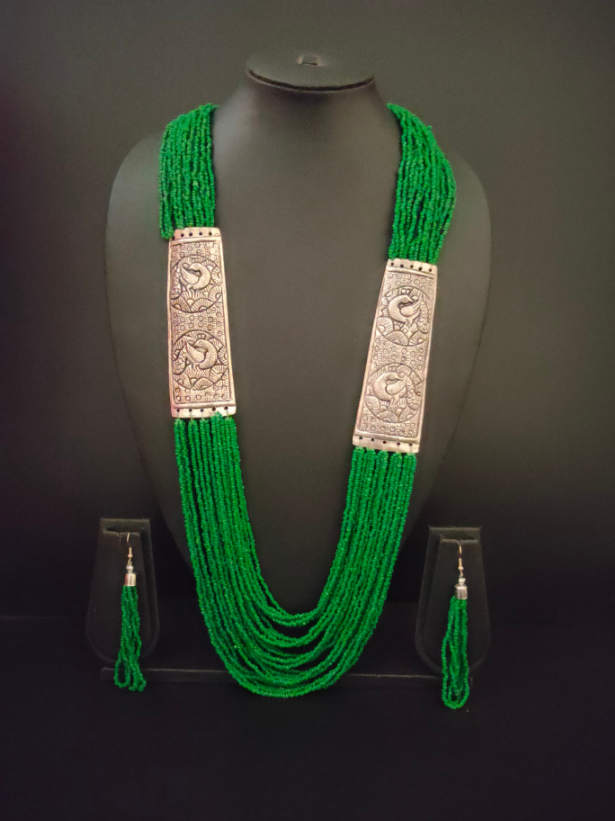 Green Beaded Multi Layered Necklace Set with Metal Detailing
