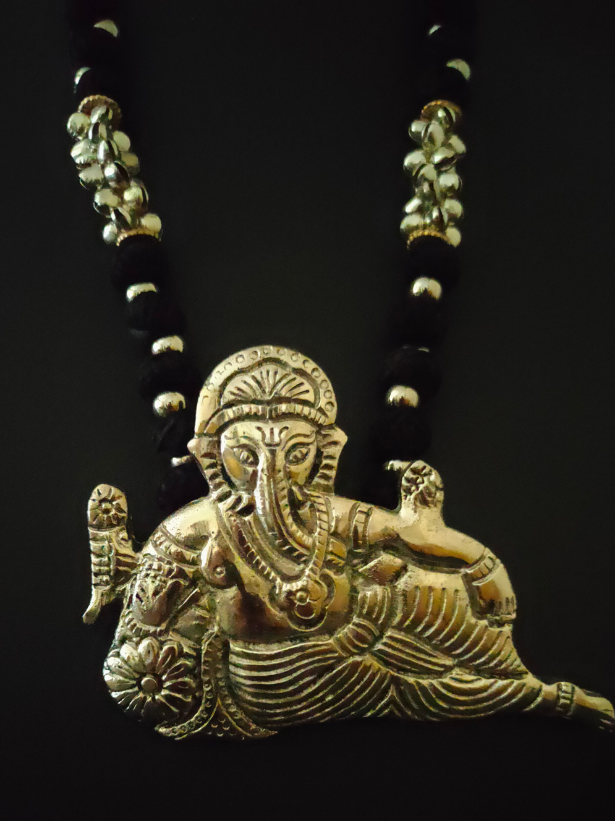 Statement Ganesha Necklace with Black Fabric Beads