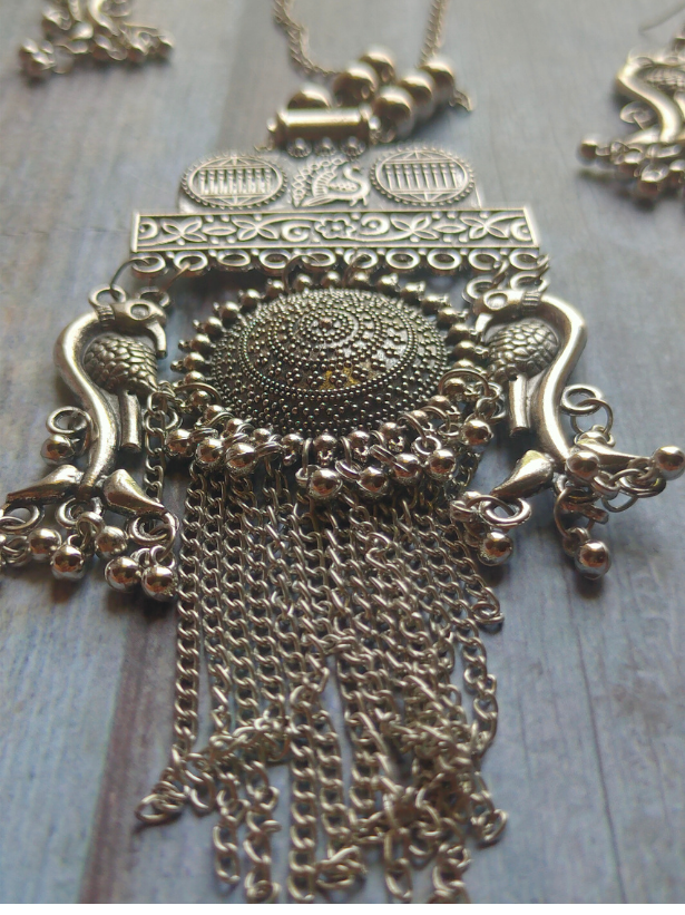 Long Chain Peacock Motif Intricate Detailing Oxidised Silver Necklace Set