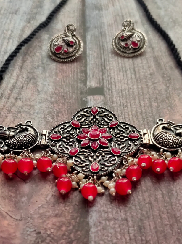 Oxidised Silver Choker Necklace Set with Rhinestones and Red Beads