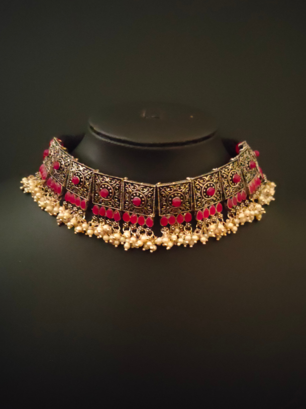 Choker Necklace Set with Embedded Stones and Beads