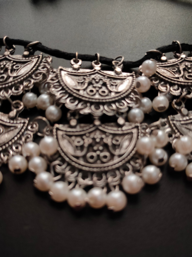 2 Layer Oxidised Silver Choker Necklace with Thread Closure